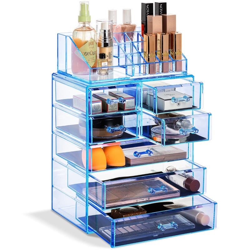 Sorbus Acrylic Makeup Organizer Set, 7-Drawer Vanity & Countertop Cosmetic Storage with Small & Wide Compartments, Blue Brilliance Makeup Storage for Brushes, Jewelry â€“ Holiday Gift for Women & Teens - Image 1